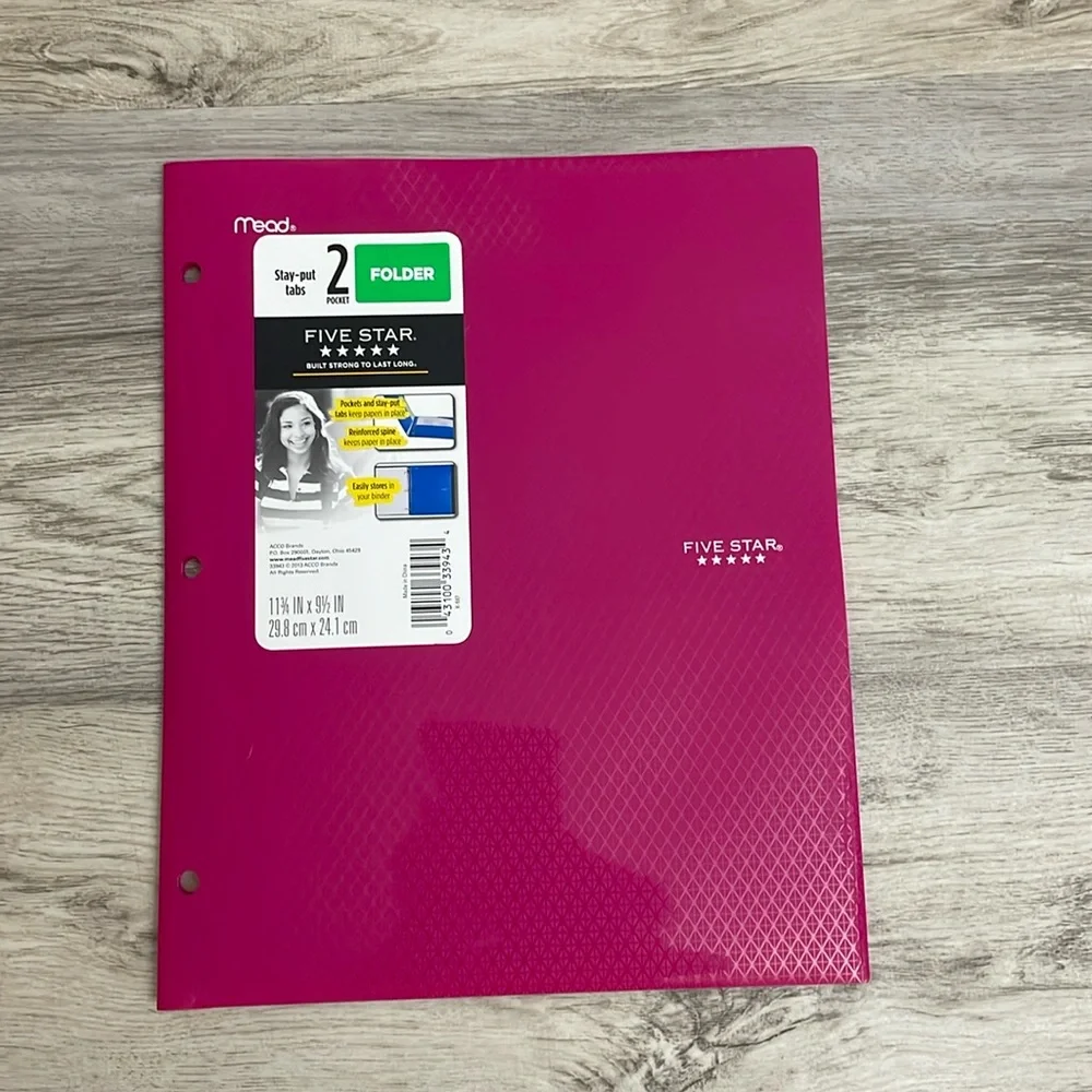 Five Star Pink 2 Pocket Folder with Stay Put Tabs **Free added to any bundle**